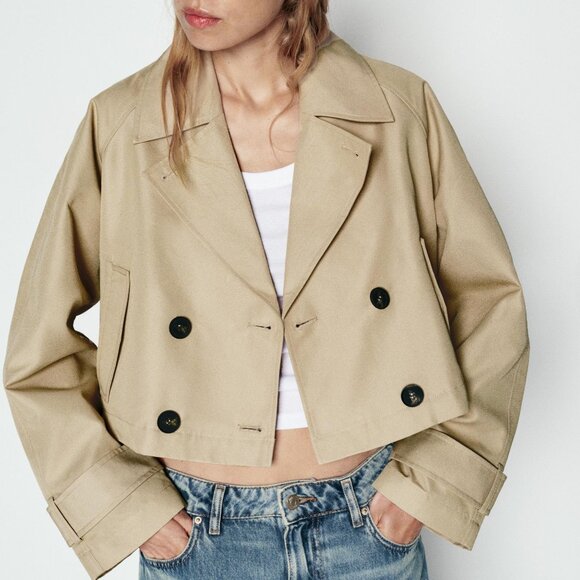 Zara Short Double-Breasted Trench Coat - Light Camel - Size Large - Picture 1 of 7